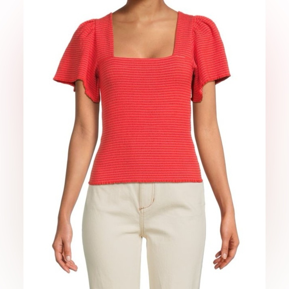 NATION LTD Pima Cotton Scarlett Smocked Top Flutter Sleeve Square neck Large